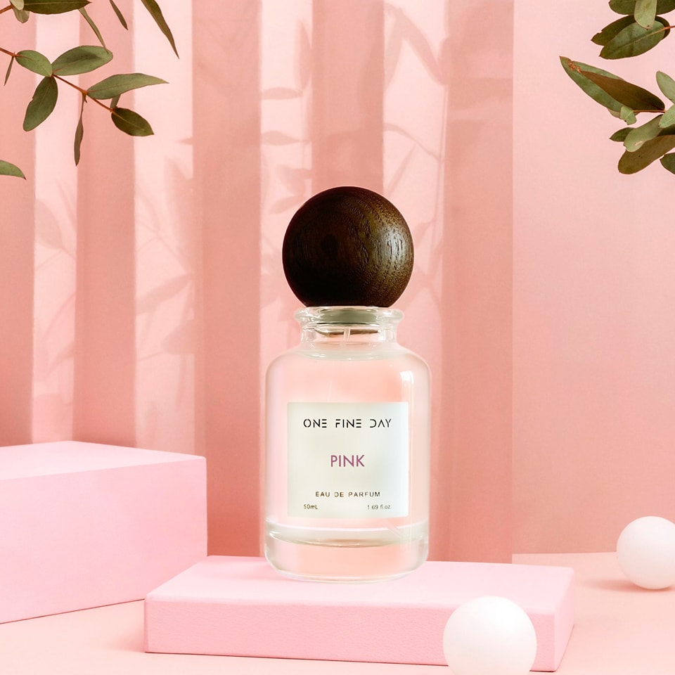 Pink perfume bottle, romantic pink fragrance